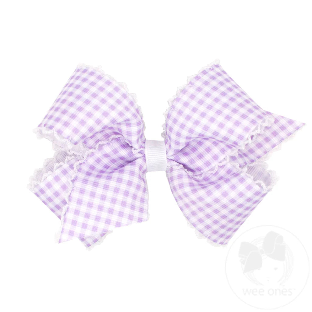 Medium Gingham-Printed Grosgrain Hair Bow with Moonstitch Edge - LT ORCHID