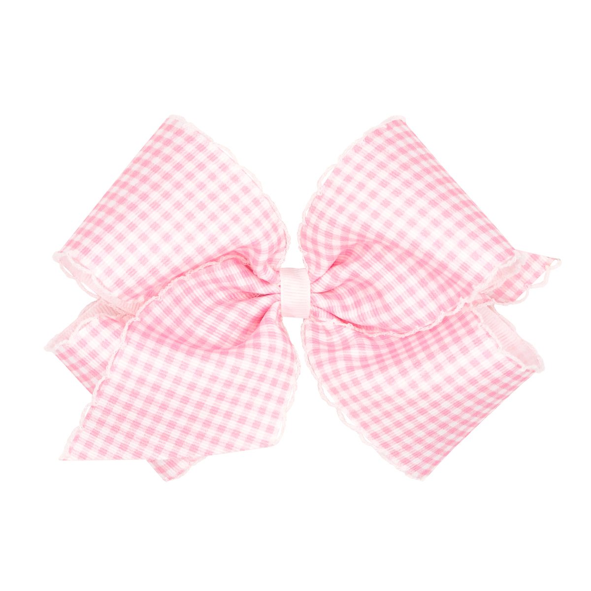 King Gingham-Printed Grosgrain Girls Hair Bow With Moonstitch Edge- LIGHT PINK