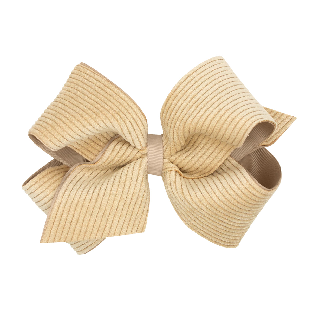 King Grosgrain Hair Bow with Wide Wale Corduroy Overlay- TAN