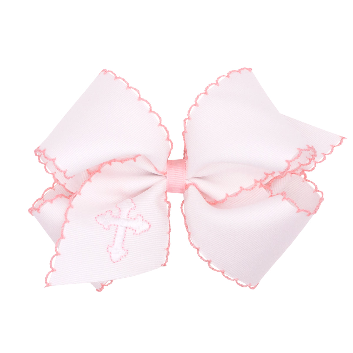 King White Grosgrain Hair Bow with Moonstitch Edge and Cross Embroidery on Tail