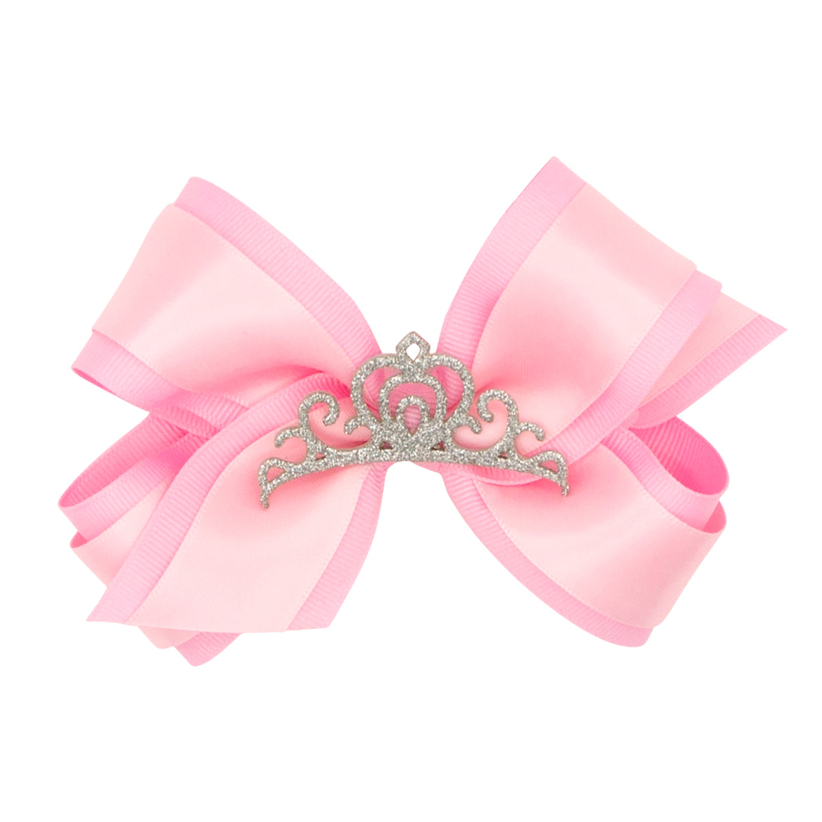 Medium Princess Grosgrain Hair Bow with Satin overlay and Glitter Crown - PEARL