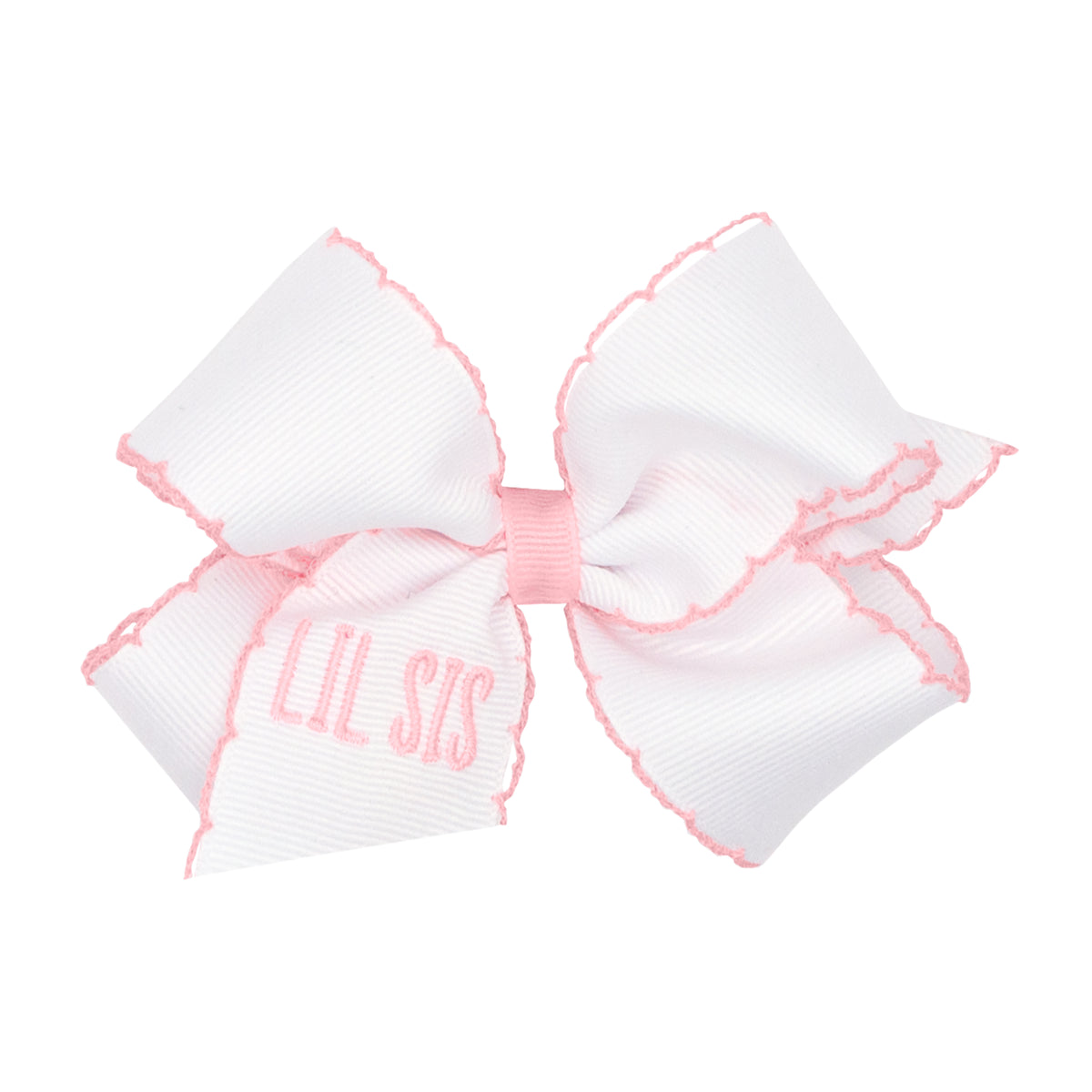 Medium Grosgrain Hair Bow with Light Pink Moonstitch Edge and "LIL SIS" Embroidery