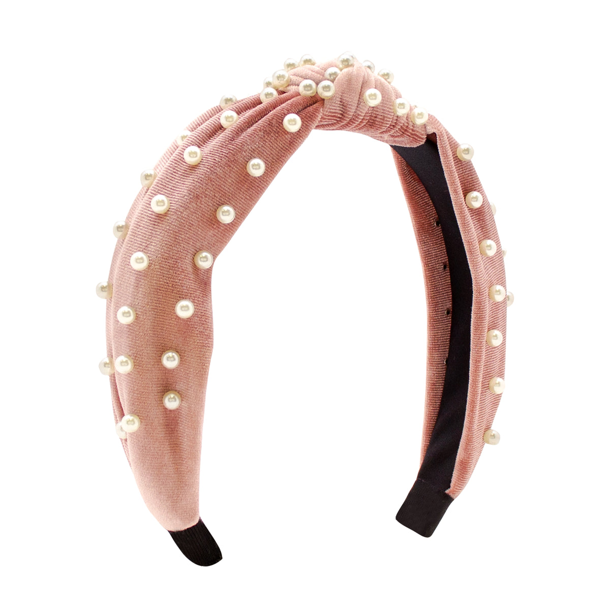 Velvet Wrapped Headband with Knot and Faux Pearls - MAUVE