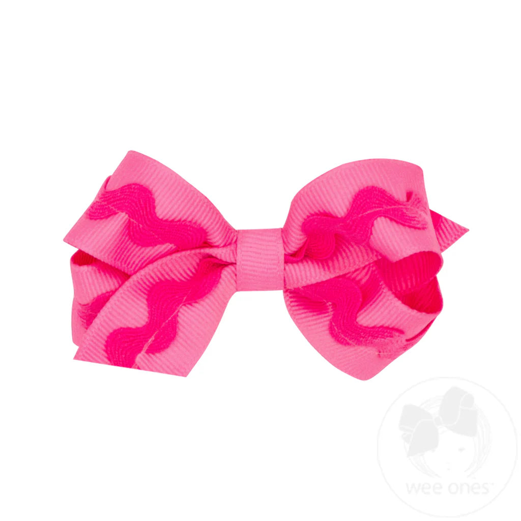 Mini Grosgrain Hair Bow with Ric-Rac Trim - HOT PINK