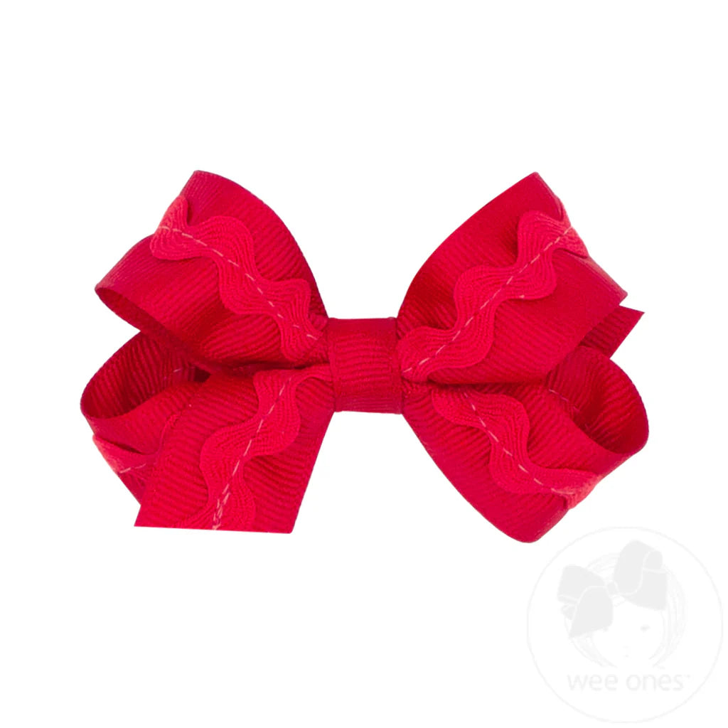 Mini Grosgrain Hair Bow with Ric-Rac Trim - RED