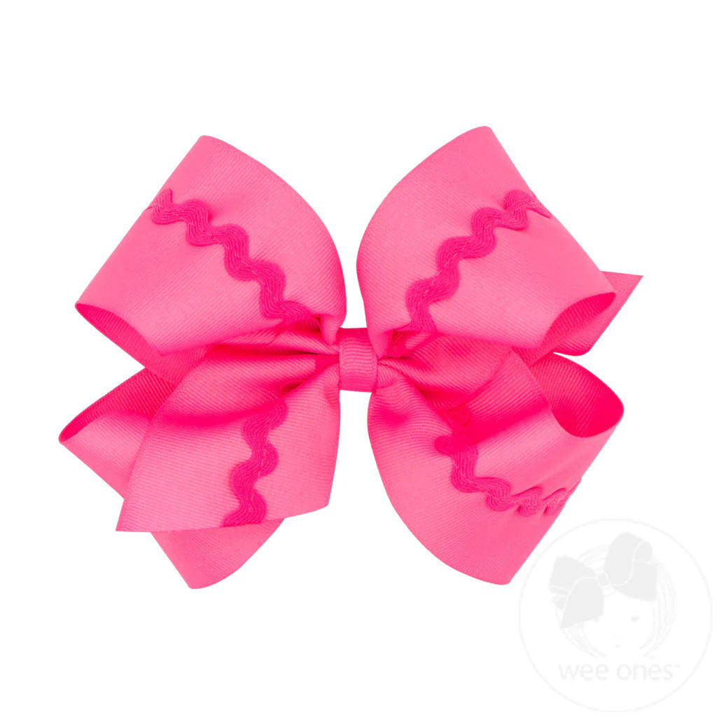 King Grosgrain Hair Bow with Ric-Rac Trim - HOT PINK