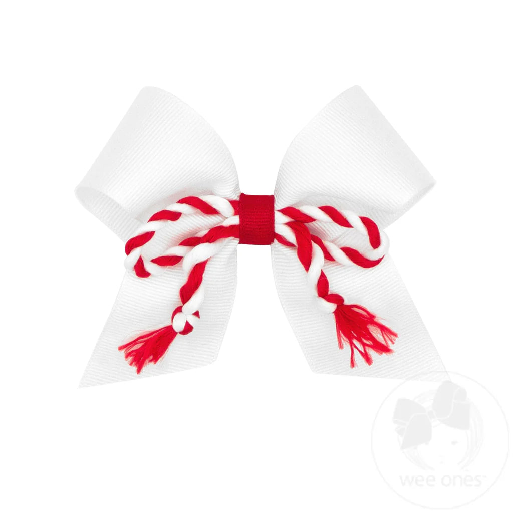 Medium Grosgrain Cheer Bow with Twisted Rope Fringe - WHITE