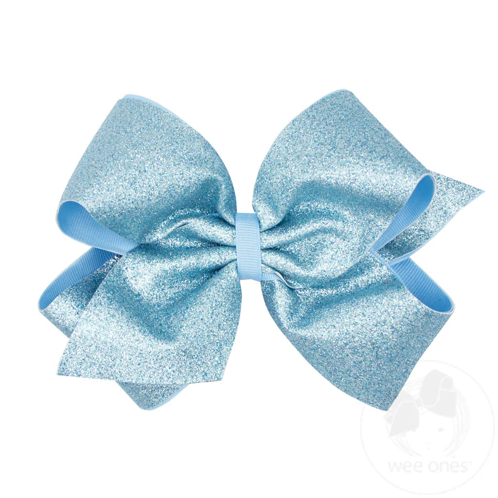 King Glitter Vinyl with Grosgrain Underlay Hair Bow - BLUE