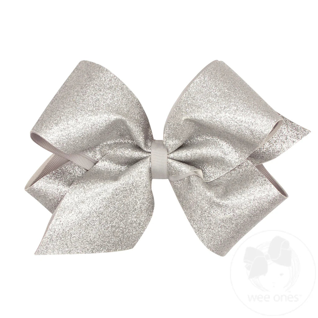 King Glitter Vinyl with Grosgrain Underlay Hair Bow - SILVER