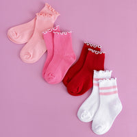 Ribbed Lettuce Trim Midi Socks - White/Blossom Stripe