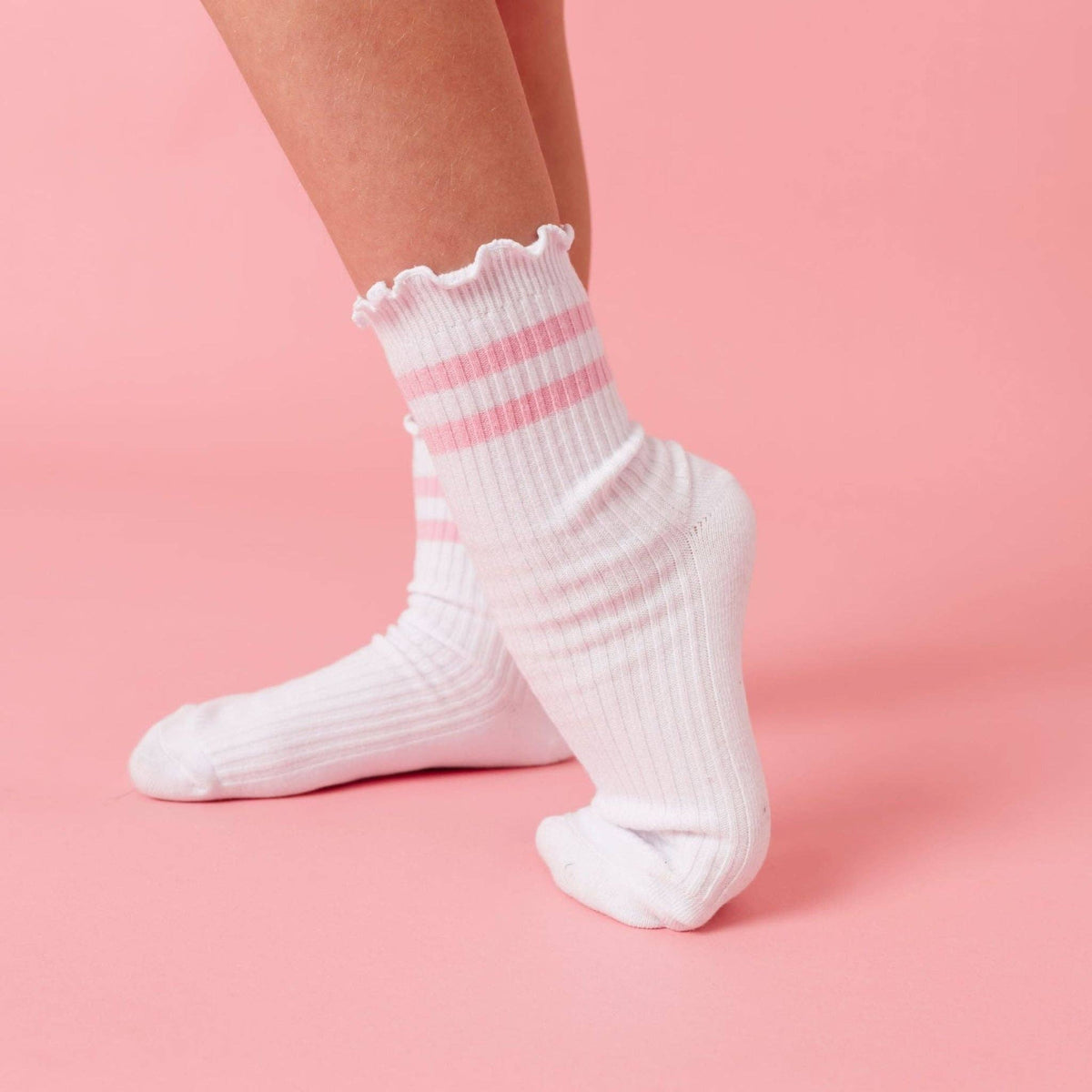 Ribbed Lettuce Trim Midi Socks - White/Blossom Stripe