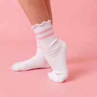 Ribbed Lettuce Trim Midi Socks - White/Blossom Stripe
